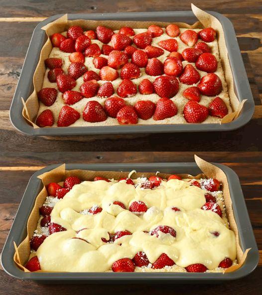 Erdbeer Blechkuchen mit 500g Erdbeeren in 5 Minuten im Ofen